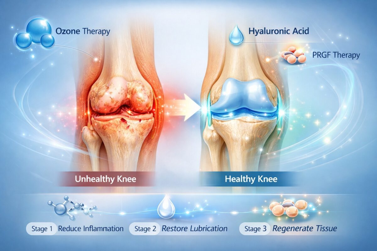 Medical illustration showing non-surgical knee pain treatment using ozone therapy, hyaluronic acid injection, and PRGF to regenerate cartilage and restore healthy knee joint function.