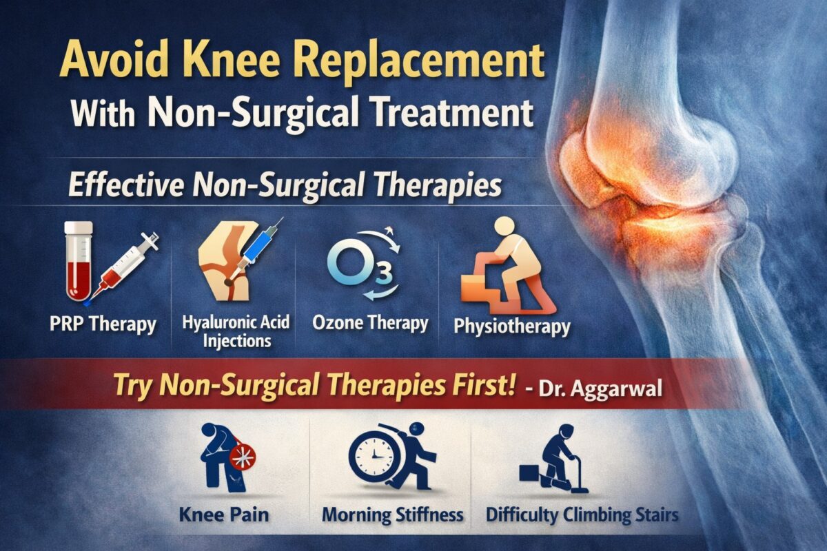 Informational graphic showing non-surgical treatments to avoid knee replacement, including PRP therapy, hyaluronic acid injections, ozone therapy, and physiotherapy for knee pain relief.