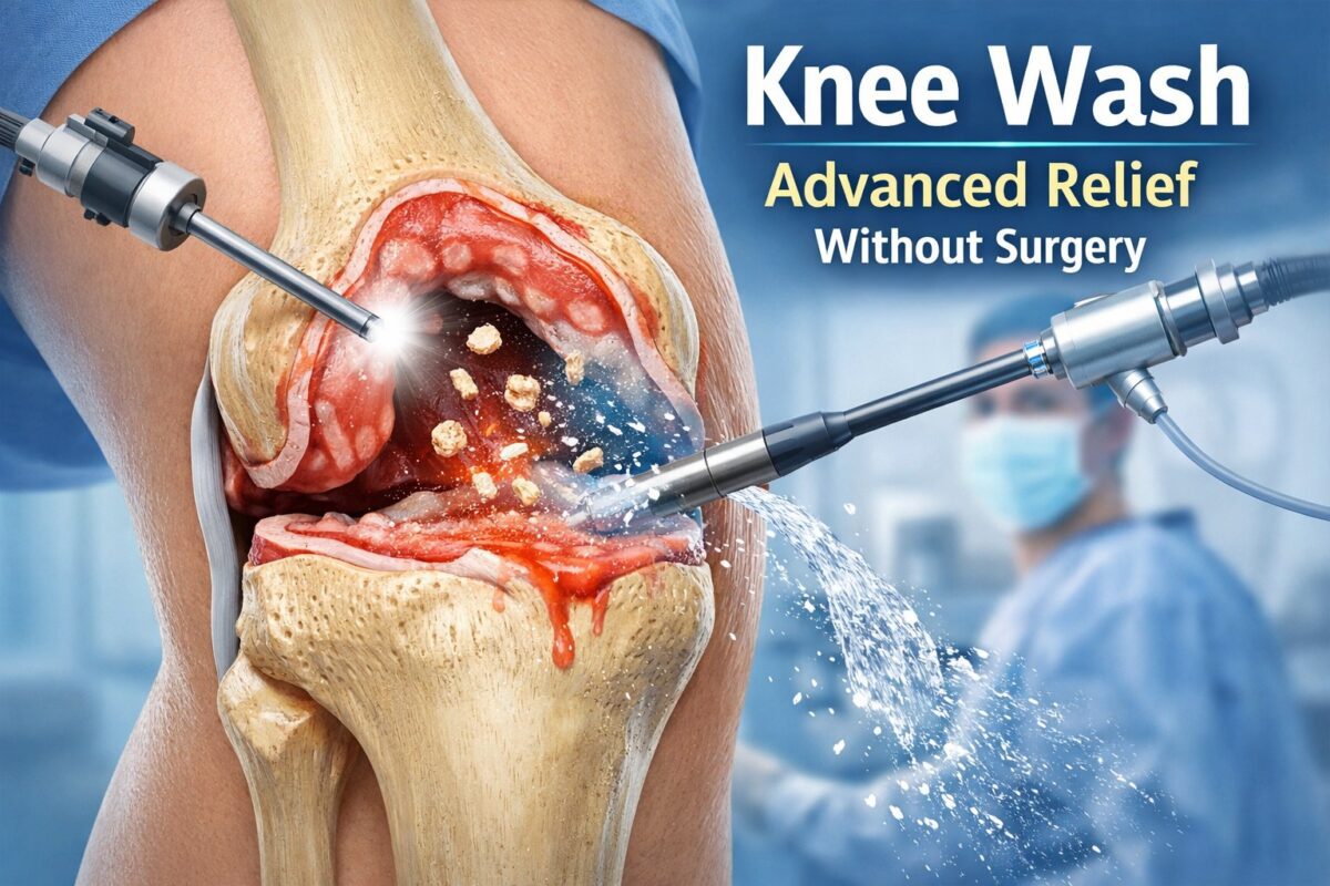 Knee wash therapy showing arthroscopic removal of debris and inflammation from the knee joint