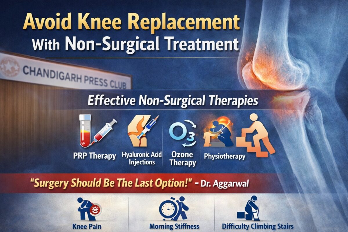 Informational graphic showing non-surgical treatments to avoid knee replacement, including PRP therapy, hyaluronic acid injections, ozone therapy, and physiotherapy for knee pain relief.