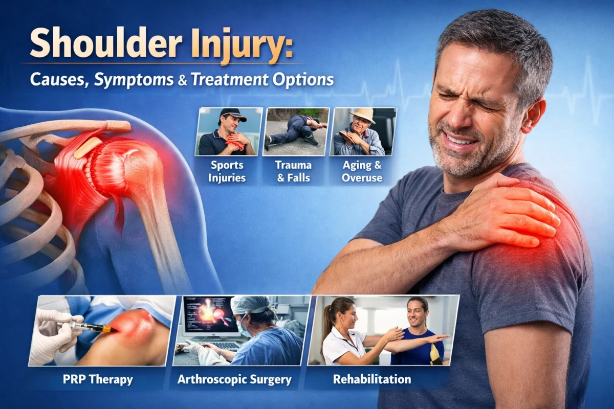 Shoulder injury showing shoulder joint anatomy, pain symptoms, causes like sports and falls, and treatment options including PRP therapy, surgery, and rehabilitation