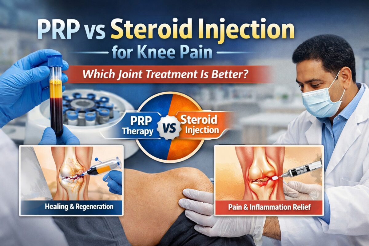 PRP vs Steroid Injection for knee pain treatment showing regenerative therapy and pain relief comparison