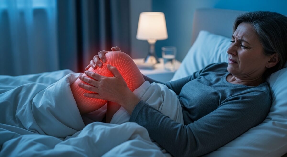 Woman experiencing knee pain at night while lying in bed, holding her inflamed knee