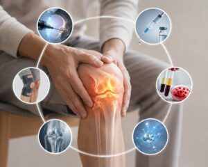 Adult patient holding a painful knee with an anatomical knee illustration, surrounded by visual representations of arthroscopy, injections, PRP therapy, knee brace support, imaging, and biological treatment.