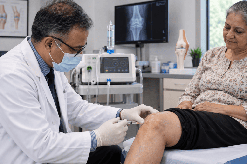 Orthopedic doctor performing an intra-articular knee injection on a patient in a modern clinic, with a knee X-ray, medical equipment and anatomical knee model in the background.