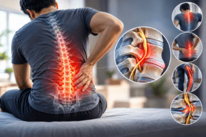 Medical illustration showing a man experiencing lower back pain with a highlighted spine and lumbar pain area, alongside anatomical views of a herniated disc, spinal nerve compression, sciatica, and different regions of back pain.