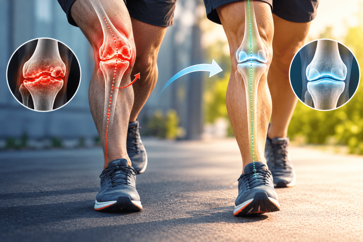 Medical illustration comparing a misaligned knee with osteoarthritis, showing inflamed joints and cartilage damage, with a properly aligned knee illustrating improved joint alignment and weight distribution.