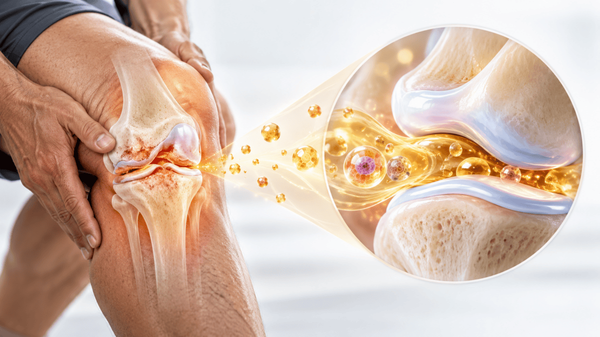 Knee osteoarthritis with PRP and growth factors illustrated around the knee joint, highlighting a biological approach to knee preservation.