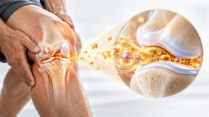 Knee osteoarthritis with PRP and growth factors illustrated around the knee joint, highlighting a biological approach to knee preservation.